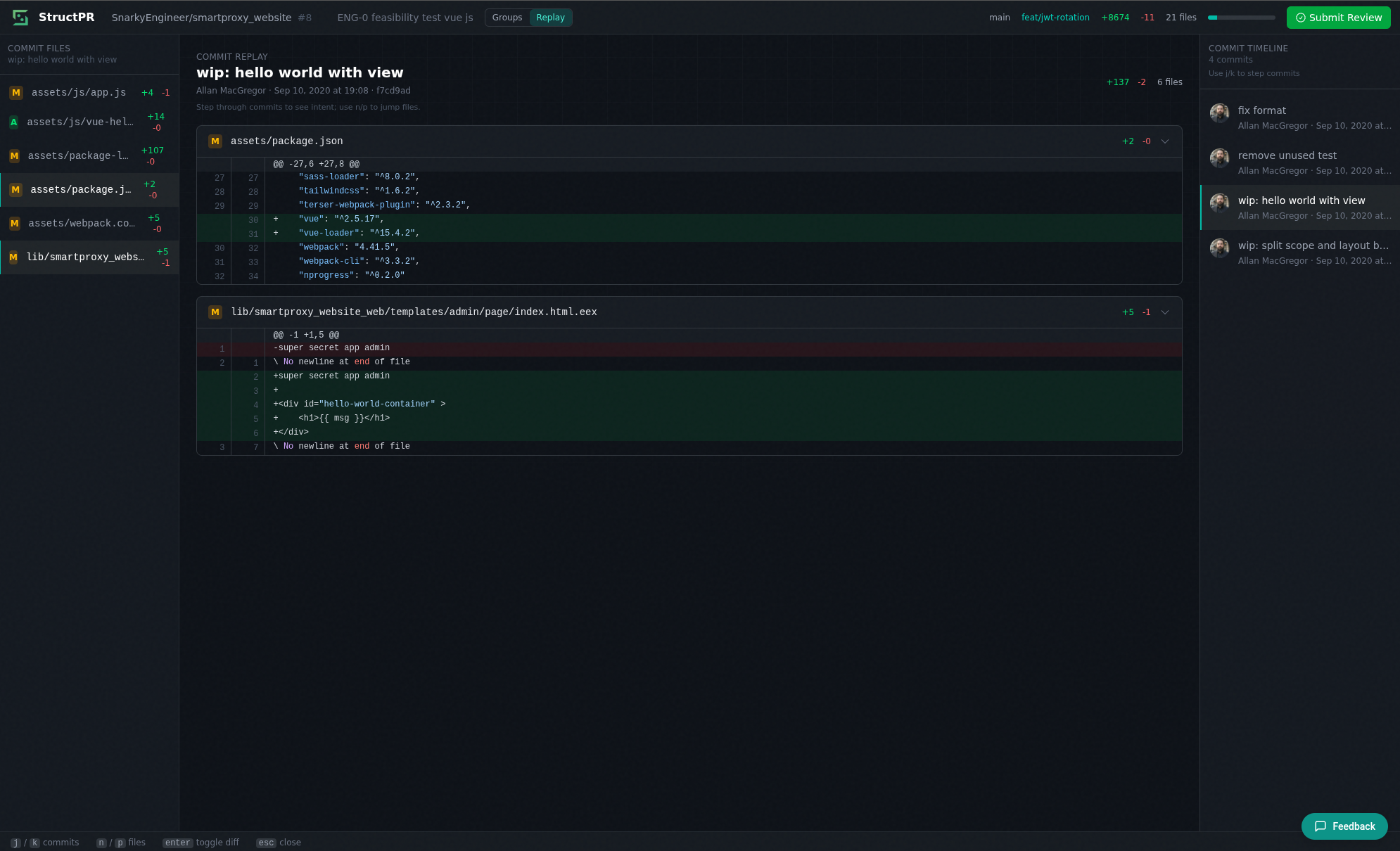 Commit replay mode showing step-by-step commit timeline and diffs