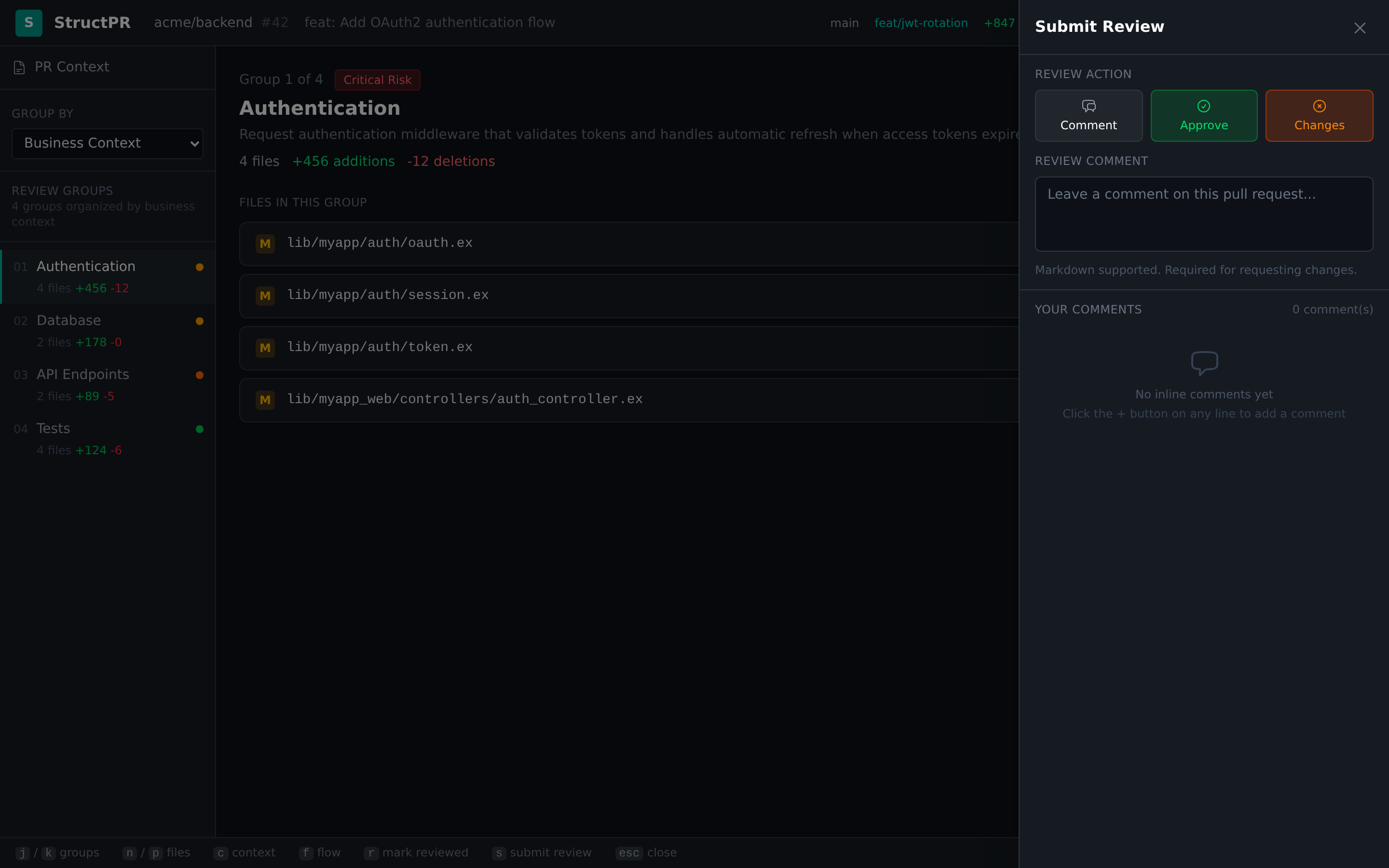 Submit review sidebar with approve, request changes, and comment options
